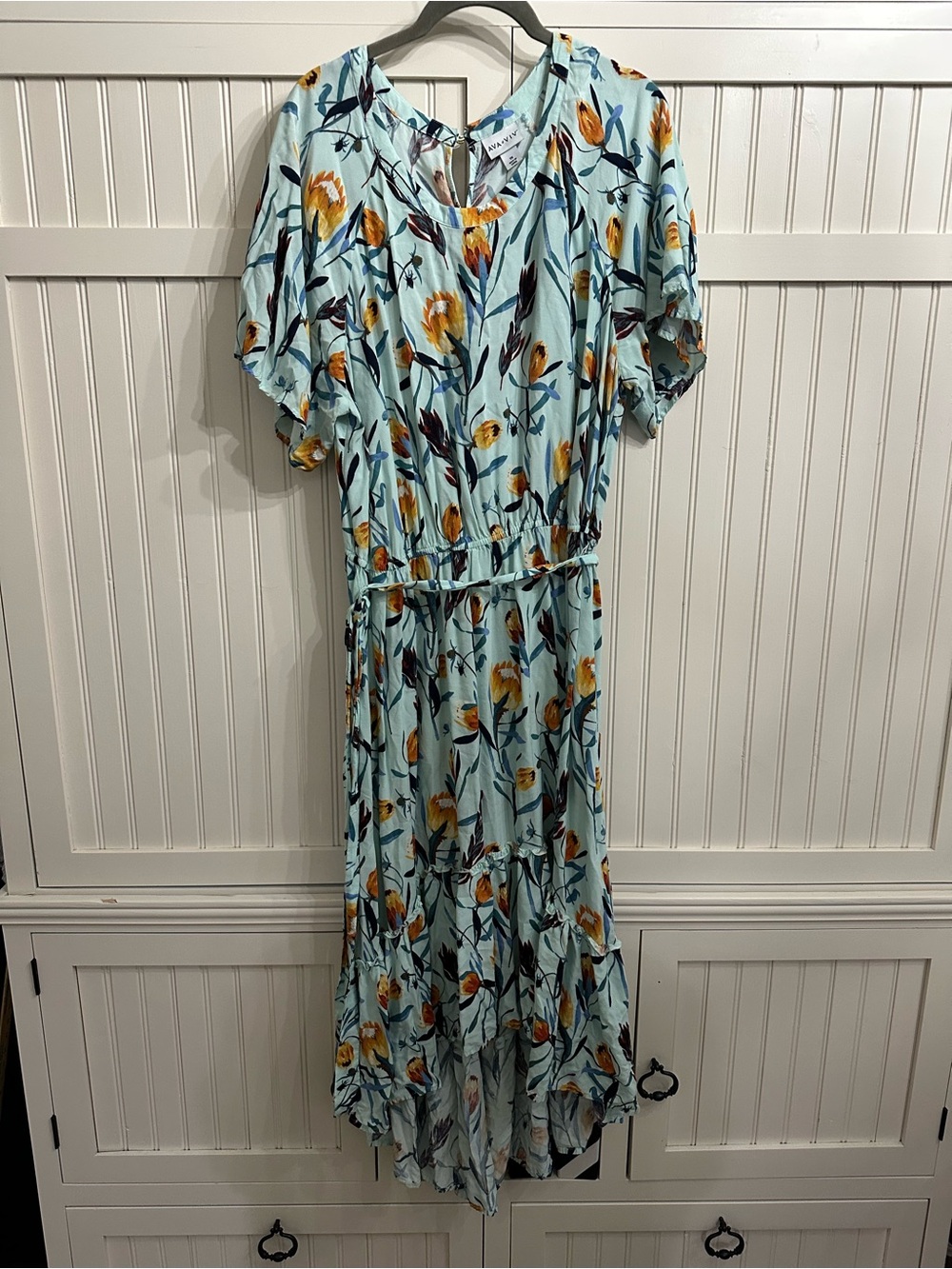 Ava & Viv Light Teal Floral High-Low Midi Dress with Yellow Accents Size 1X